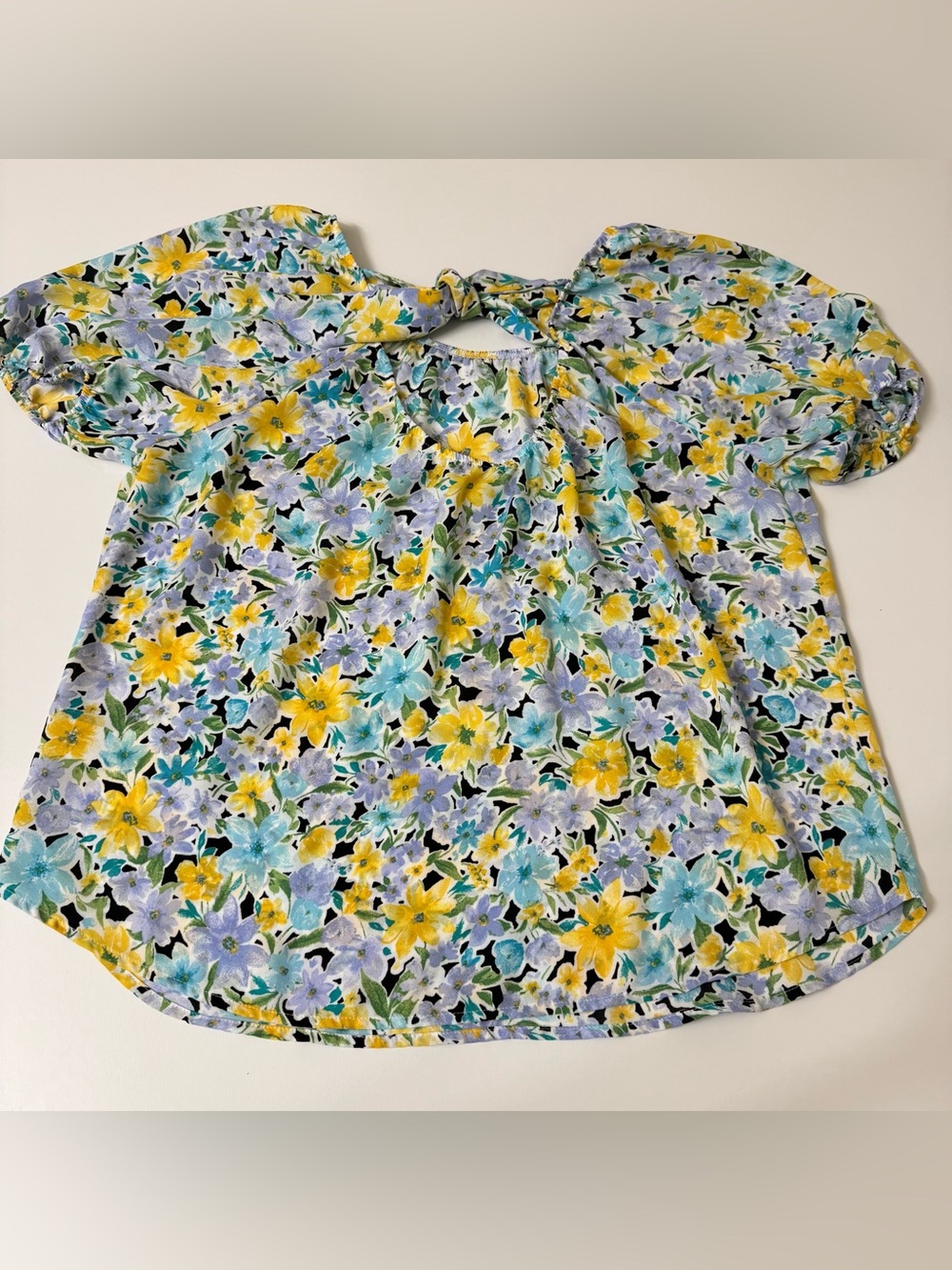 Women Floral Blouse Puff Sleeve Tie Neck Blue Yellow Spring Top Size Large - Picture 2 of 5